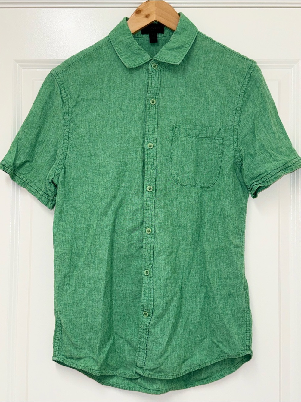 Magaschoni Mens Medium Linen Blend Button Up Short Sleeve Seafoam Green Shirt